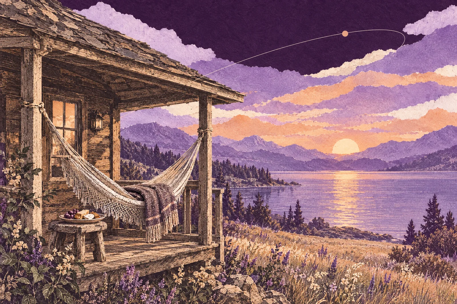 Illustration of a lakeside cabin porch with a hammock and a folded wool blanket in golden afternoon light