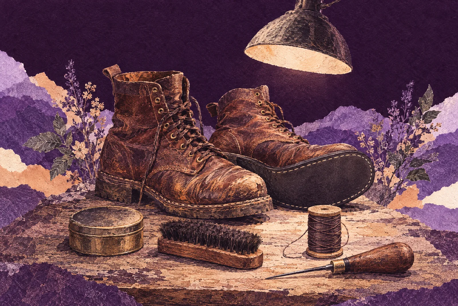 Illustration of well-worn leather boots being resoled on a lamplit cobbler's workbench