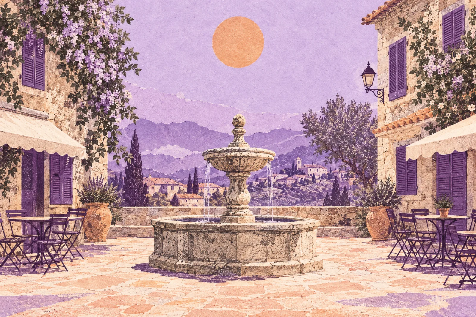 Illustration of a sleepy village square at noon with a stone fountain and empty café chairs
