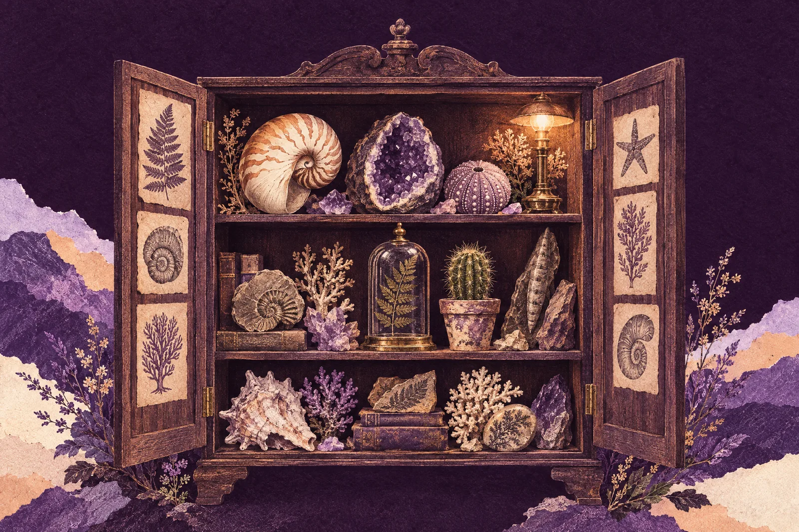 Illustration of an open curiosity cabinet holding a nautilus shell, a geode, fossils and a pressed fern
