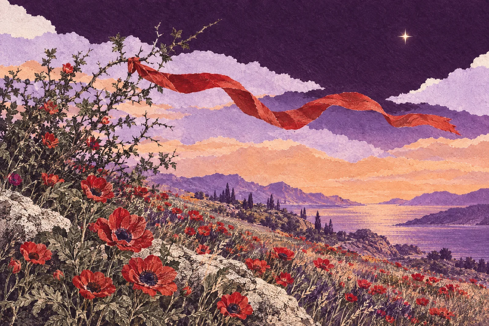 Illustration of a windswept hillside of red anemones with a red ribbon streaming in the wind at dusk