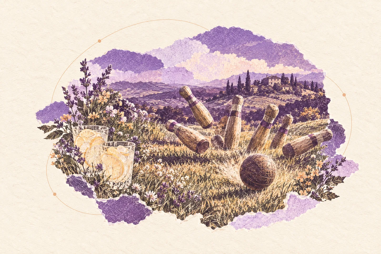 Illustration of wooden skittles knocked over mid-game on a lawn beside two glasses of lemonade