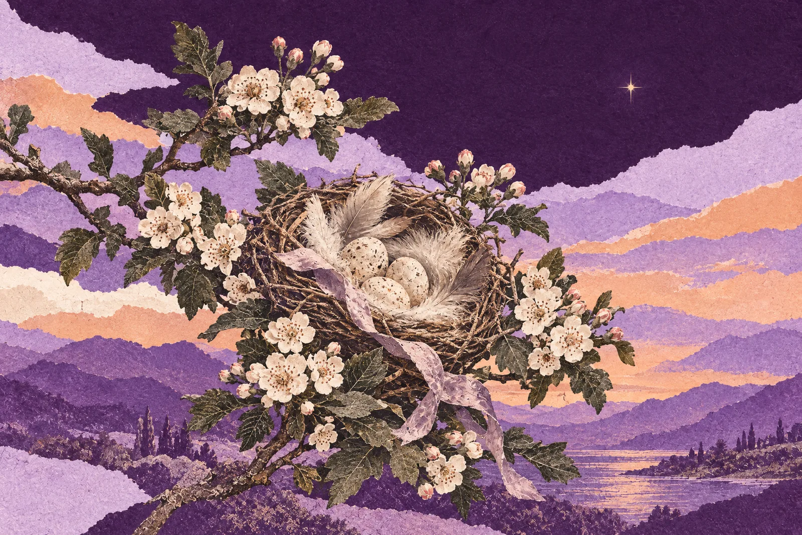Illustration of a feather-lined bird's nest with speckled eggs in a flowering hawthorn branch at dusk