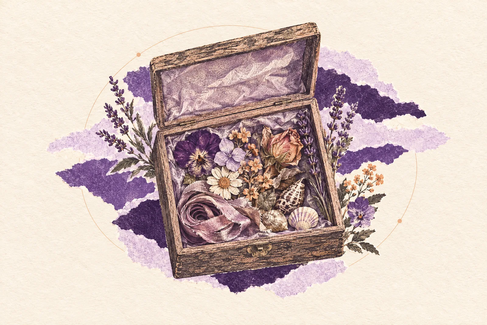 Illustration of an open keepsake box holding pressed flowers, ribbon, small shells and a dried rosebud