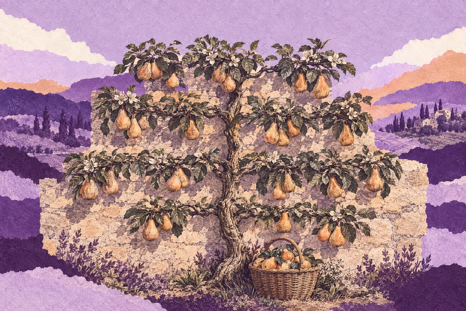 Illustration of an espaliered pear tree trained flat against a sunny stone wall, heavy with ripe pears