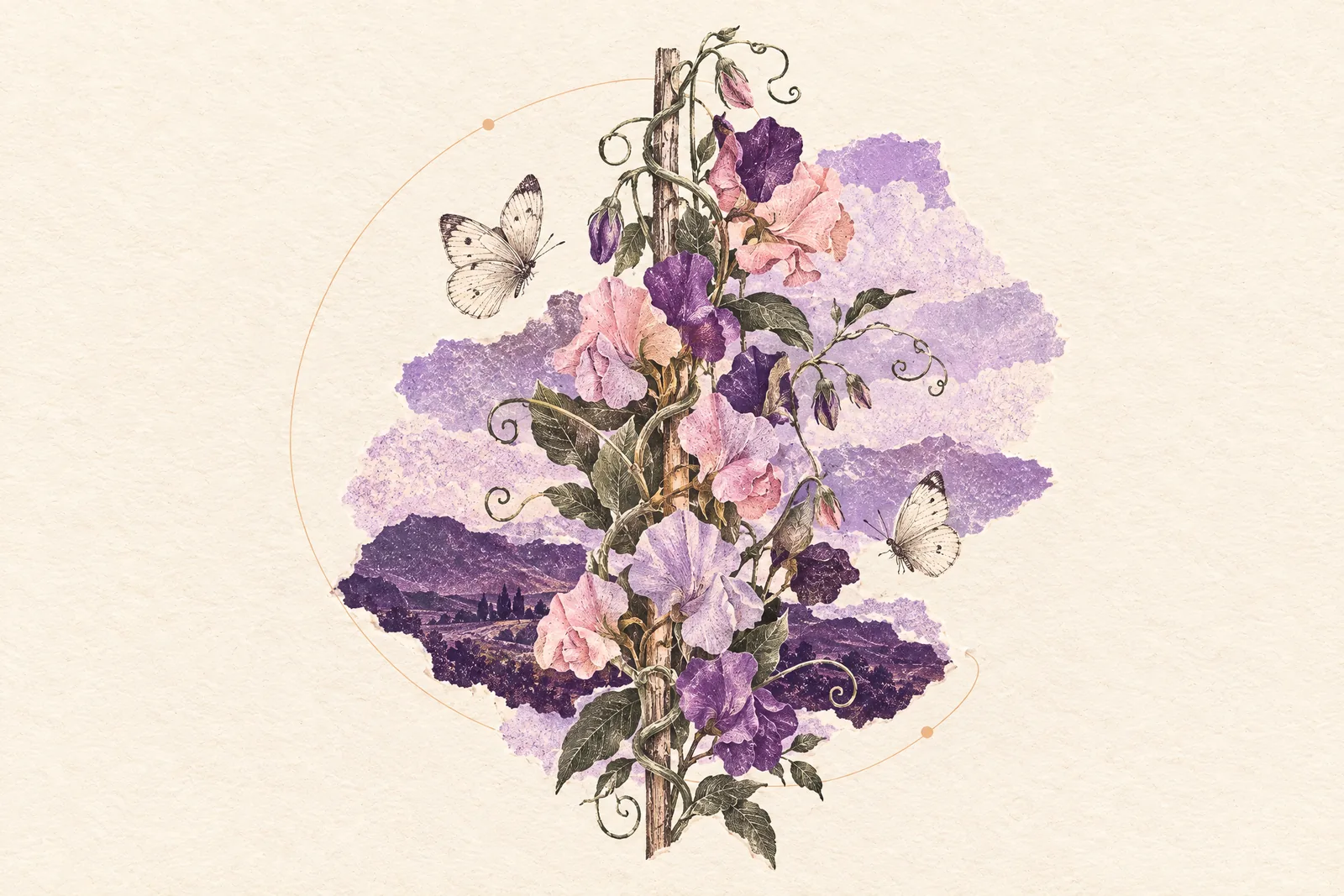 Illustration of sweet peas twining up a garden cane with two pale butterflies fluttering around them