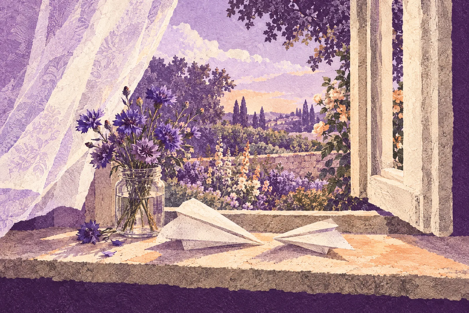 Illustration of two blank paper aeroplanes on a sunny windowsill beside a jar of cornflowers