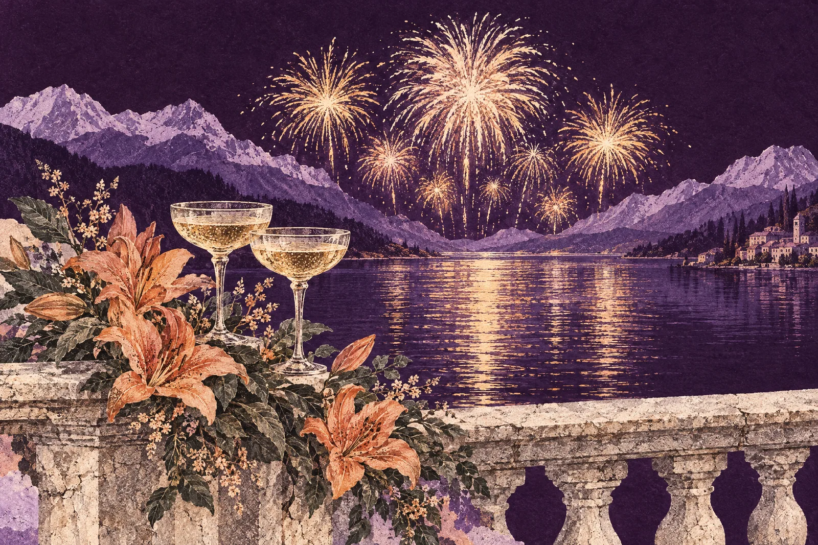 Illustration of golden fireworks over a lake, with two glasses of sparkling wine and lilies on a balustrade