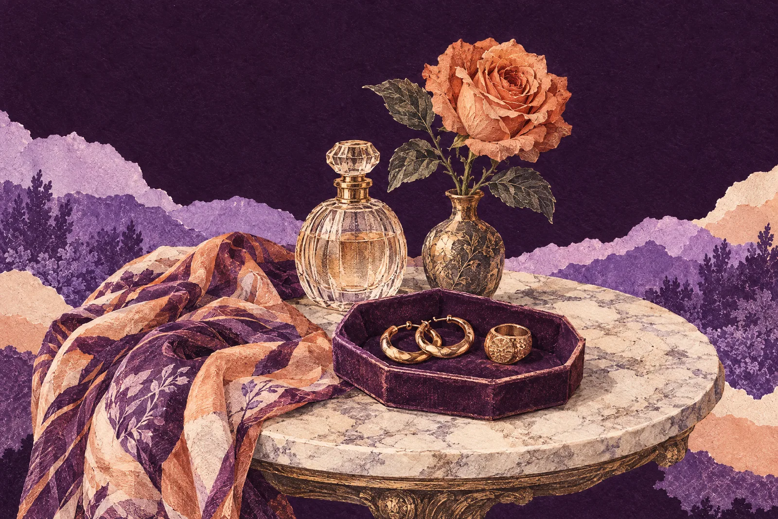 Illustration of gold earrings, a ring, a perfume bottle, a silk scarf and an orange rose on a marble table