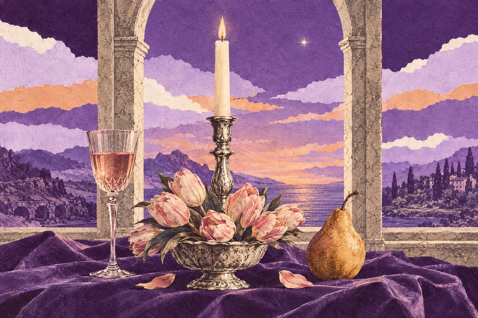 Illustration of a symmetrical still life with a candlestick, tulips, glasses and pears before a dusk window
