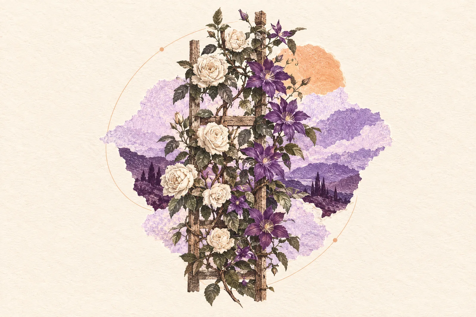 Illustration of a white climbing rose and a purple clematis twining together up one wooden trellis