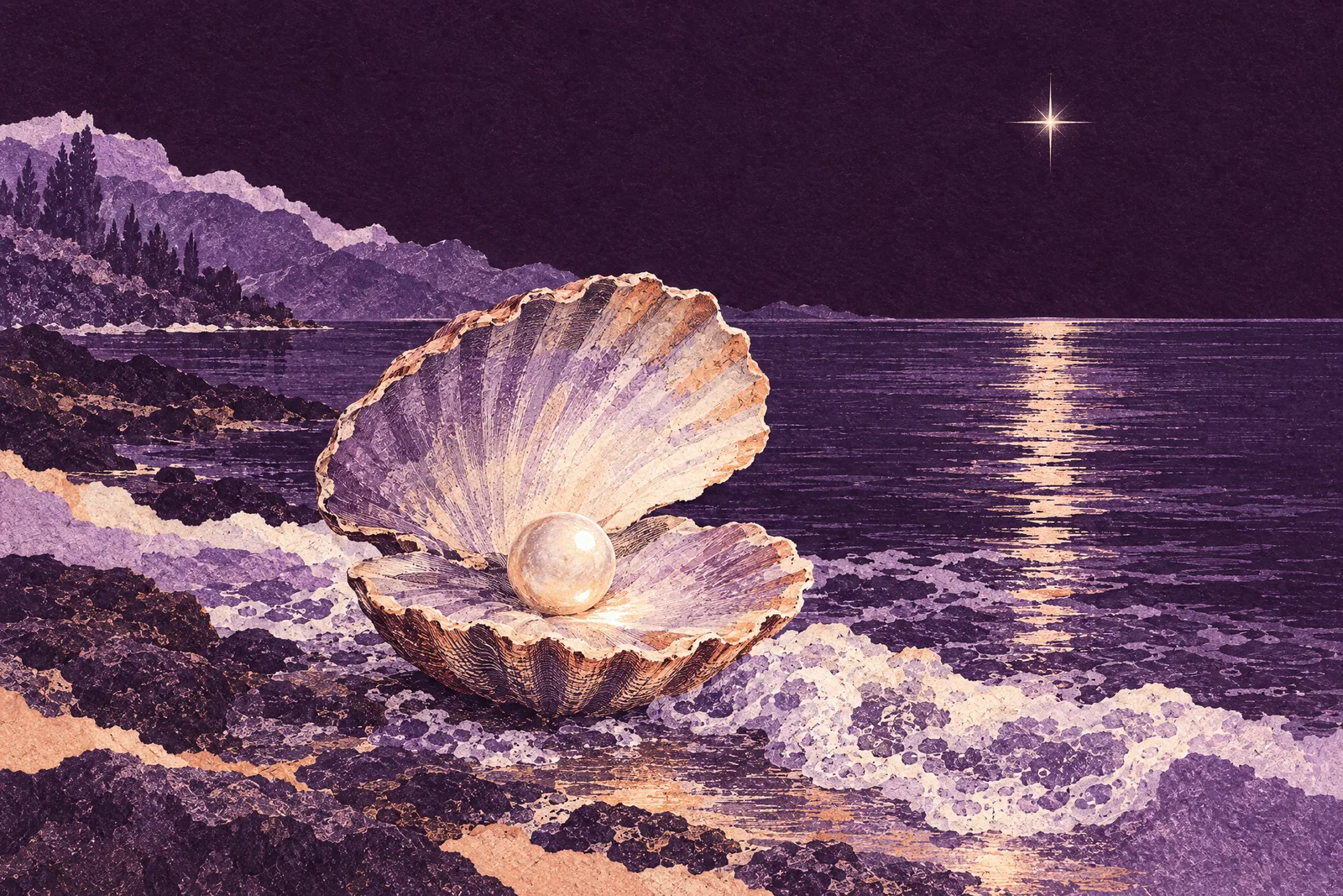 Illustration of an open scallop shell holding a pearl on the tide line of a calm sea at night