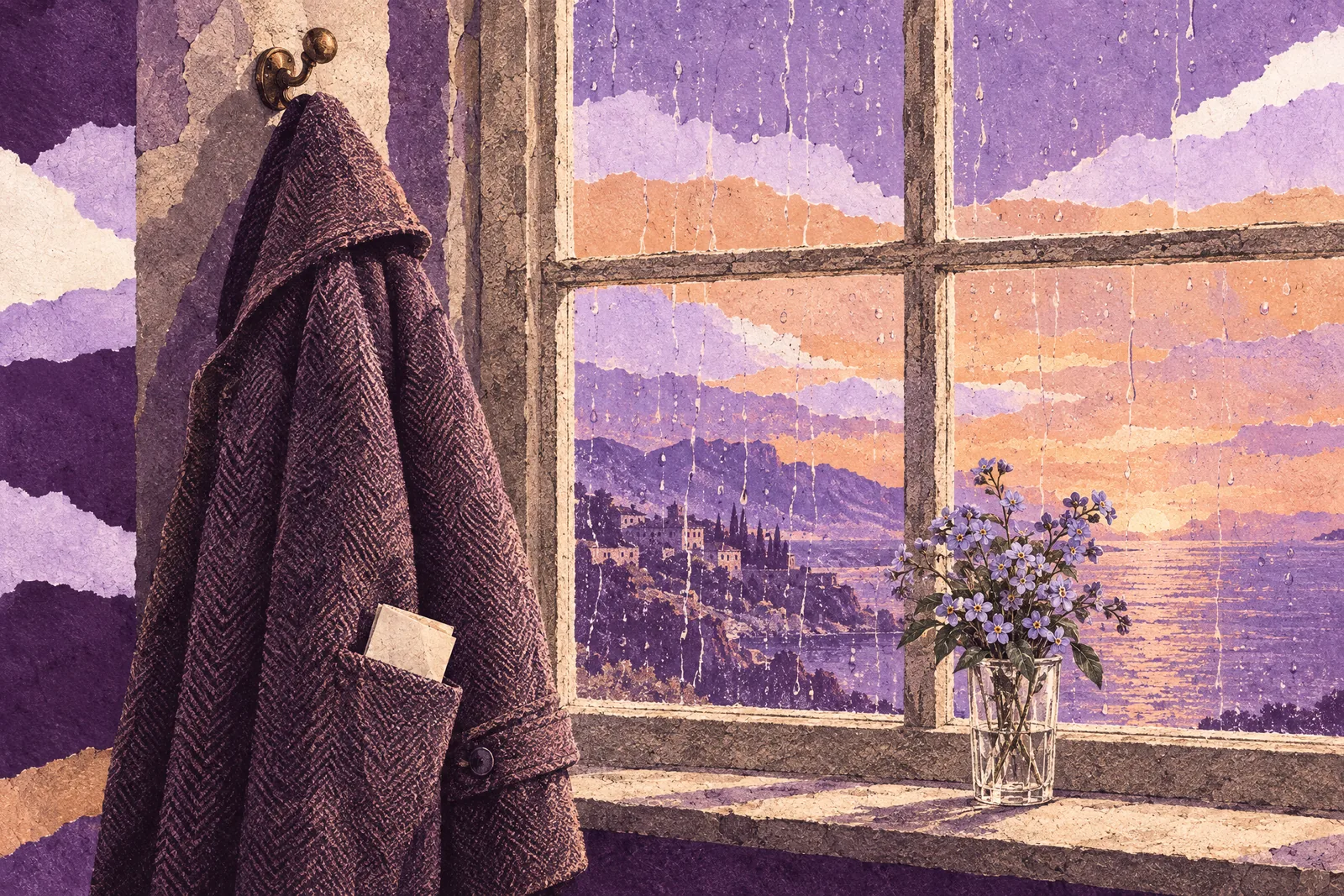 Illustration of a wool coat on a peg by a rainy window, with a folded note tucked into its pocket
