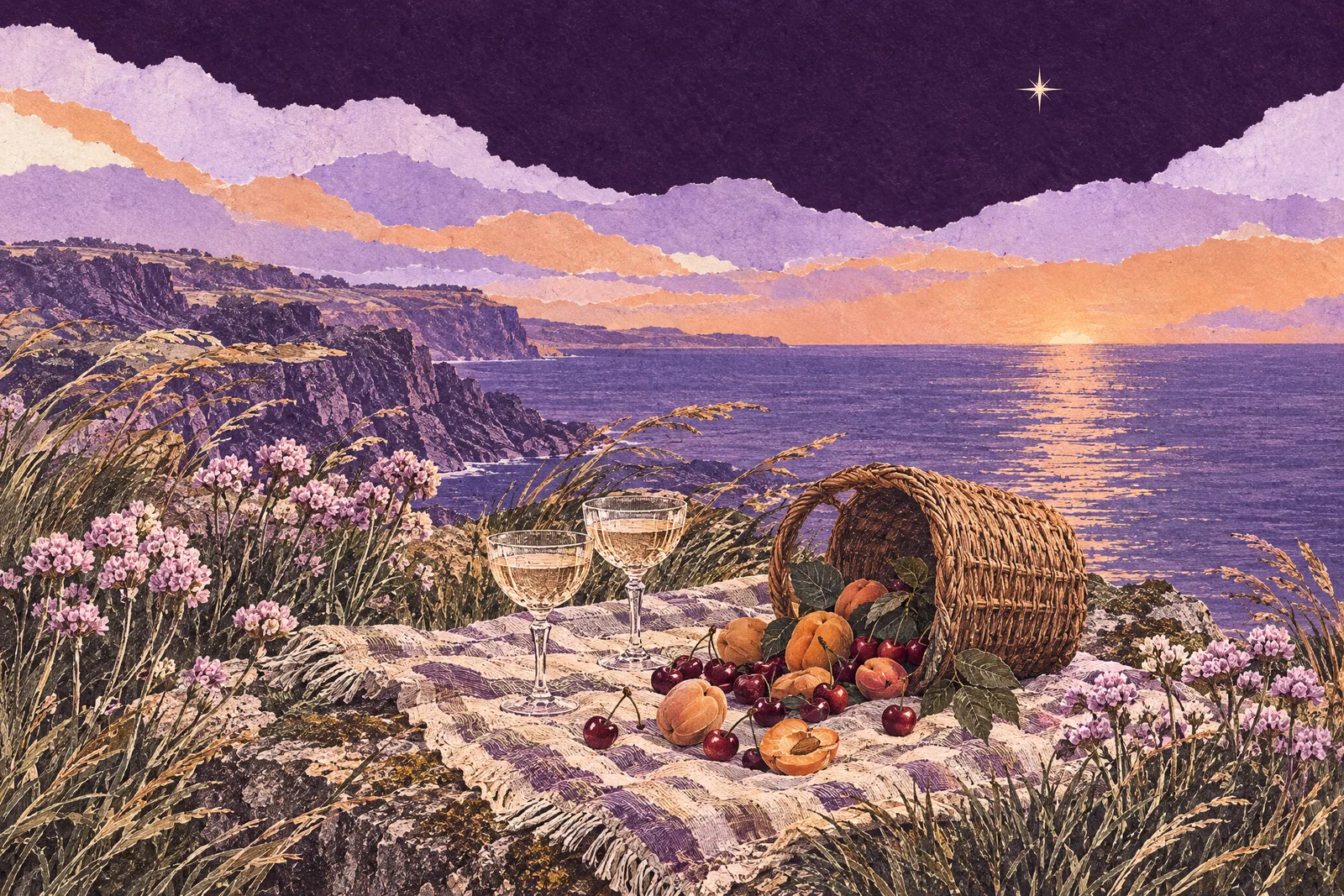 Illustration of a picnic on a windy clifftop above the sea at dusk, with apricots and cherries in a basket
