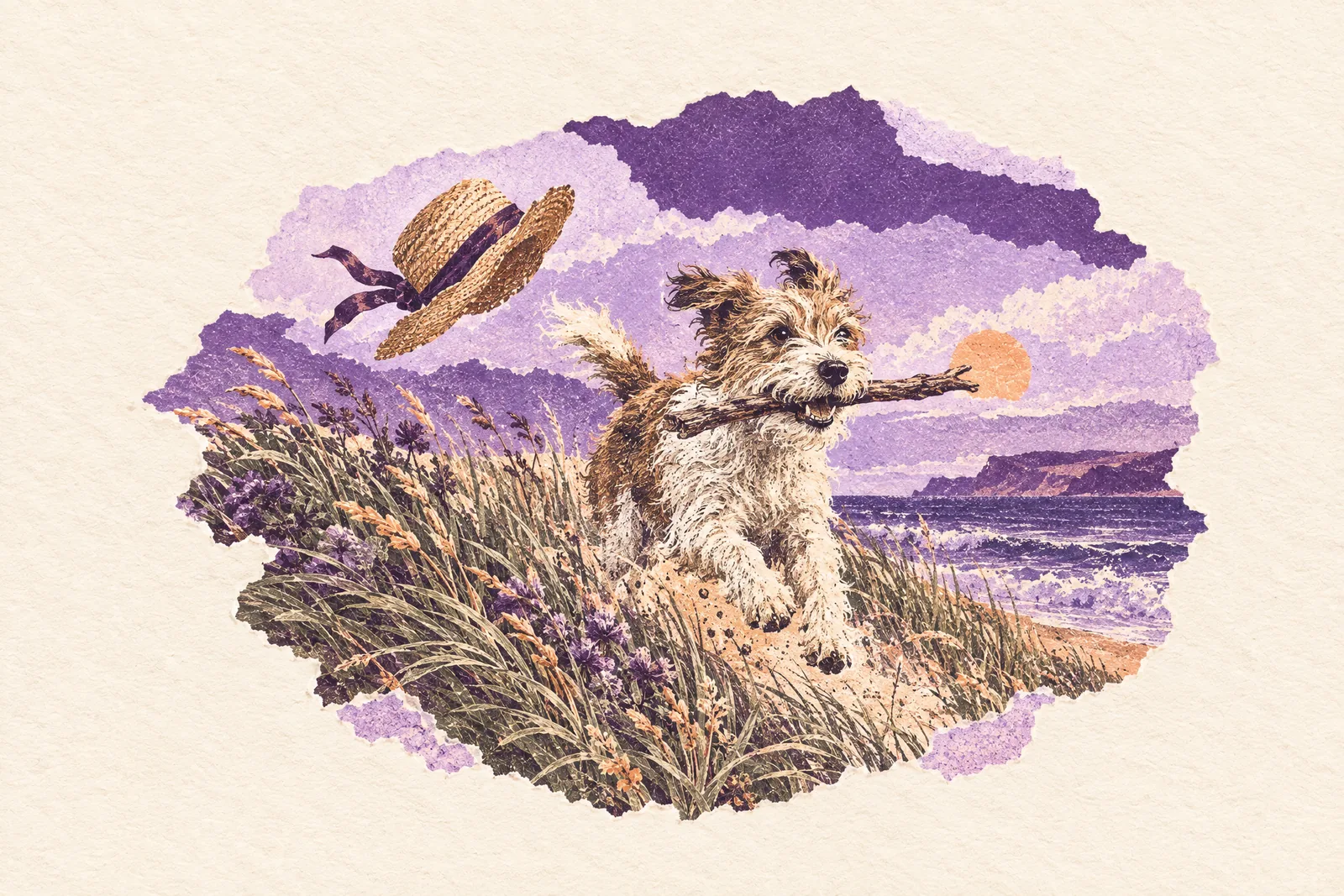 Illustration of a scruffy dog bounding through beach grass with a stick as a sun hat blows away