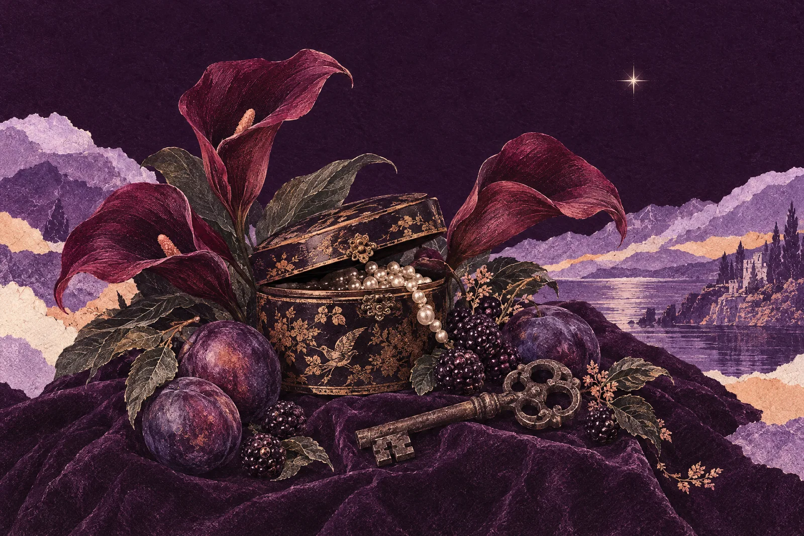 Illustration of a half-open antique box with pearls, an iron key, dark plums and burgundy calla lilies