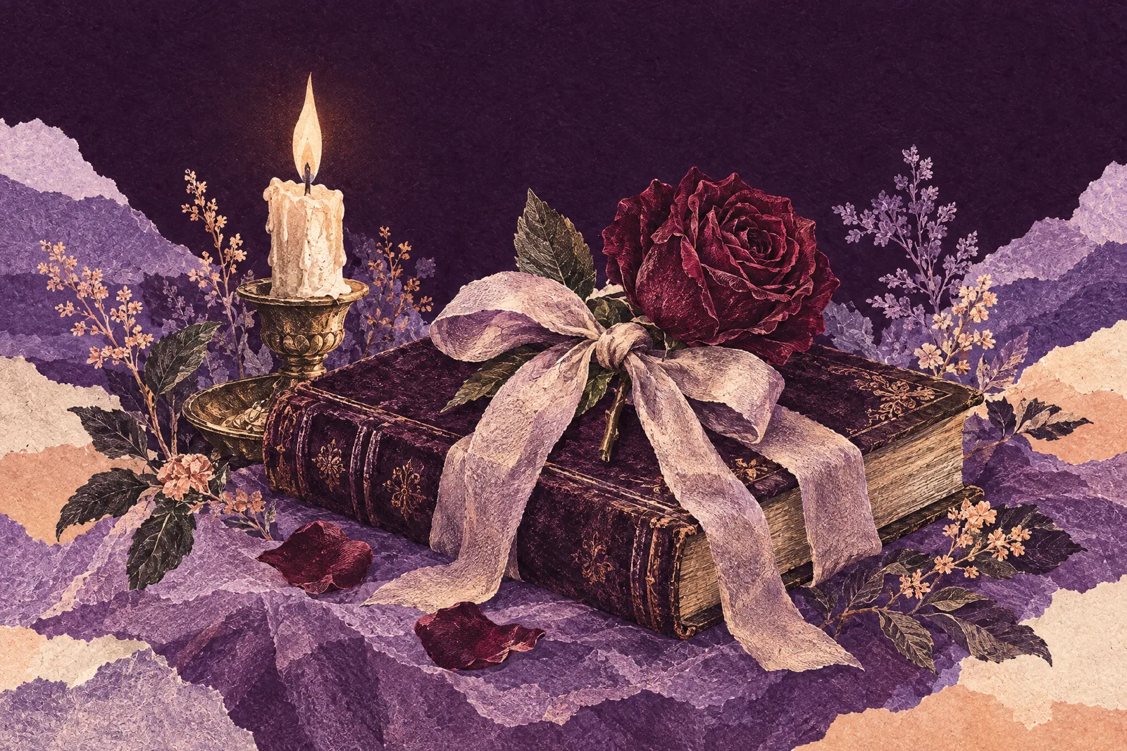 Illustration of a closed velvet-covered book tied with a silk ribbon and a deep red rose