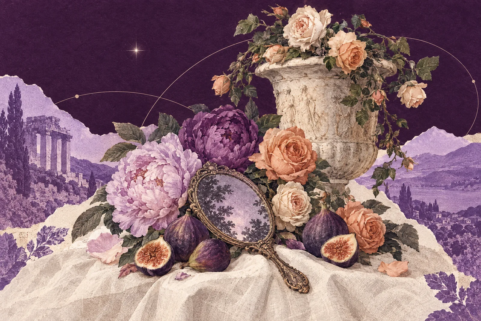 Illustration of an antique hand mirror among peonies, roses and figs, beside a marble urn of roses.