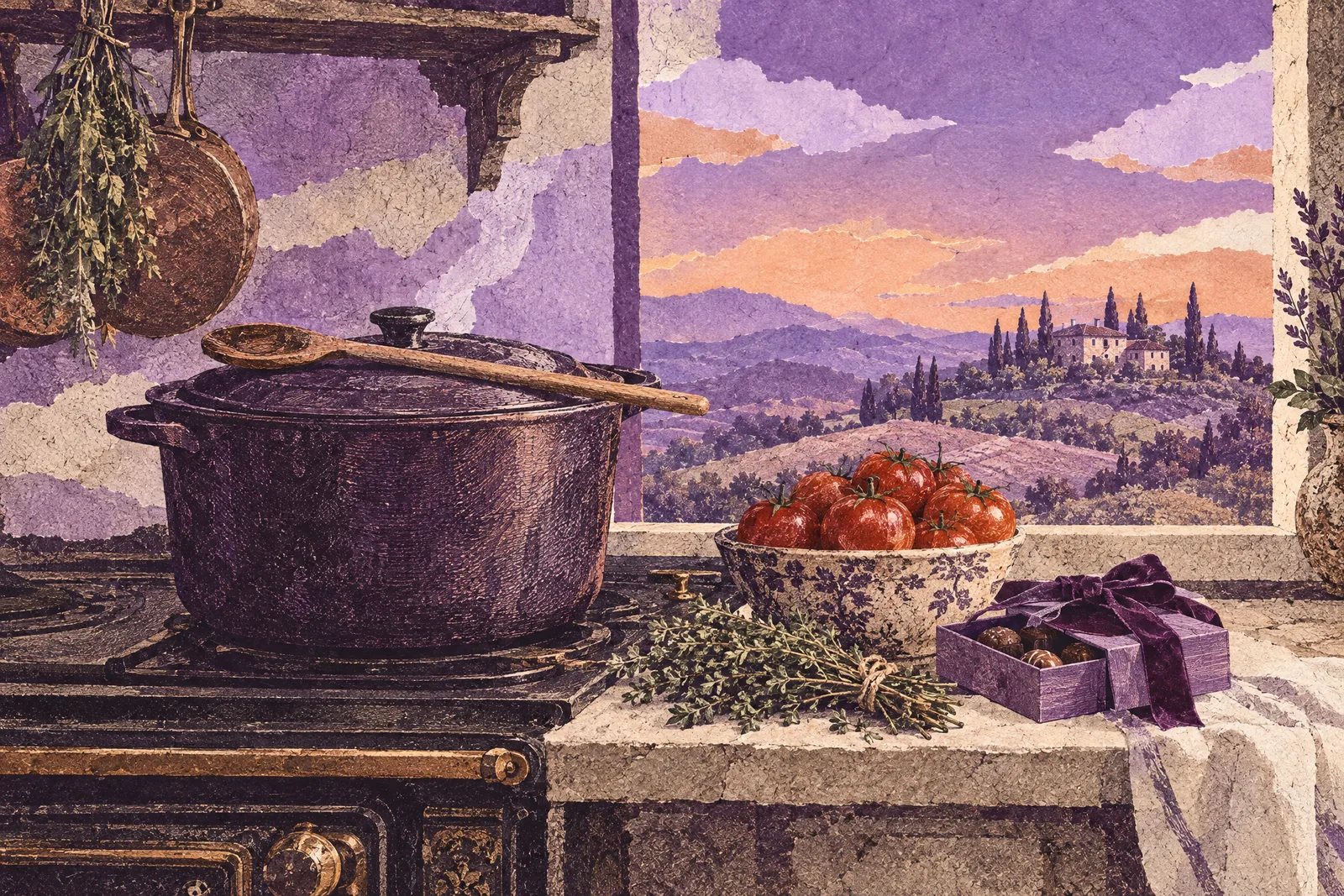 Illustration of a farmhouse kitchen at dusk with a stew pot on the range and a ribboned box of chocolates
