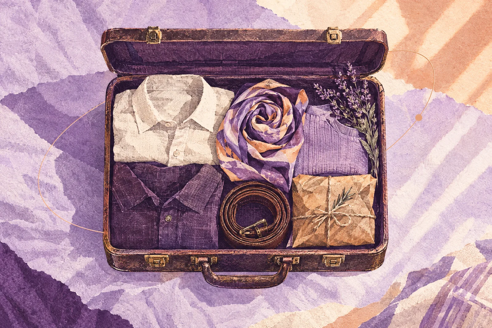 Illustration of an open vintage suitcase packed with folded shirts, a rolled scarf and a wrapped snack parcel