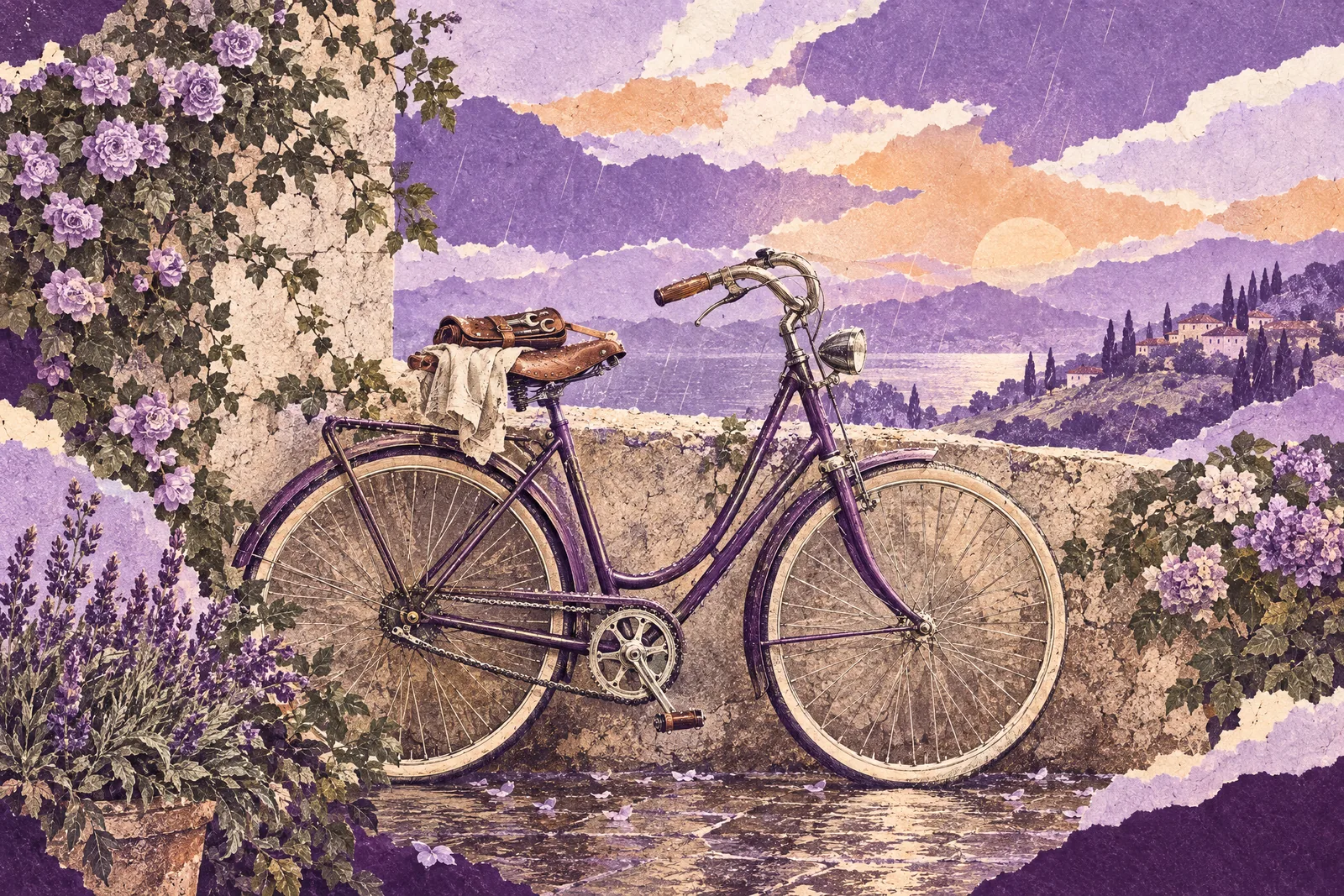 Illustration of a well-kept vintage bicycle leaning against a garden wall in soft rain