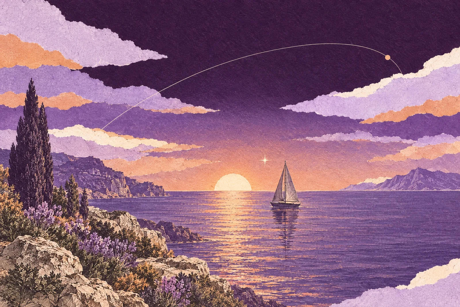 Illustration of a bright evening star shining close to the setting sun over a calm sea