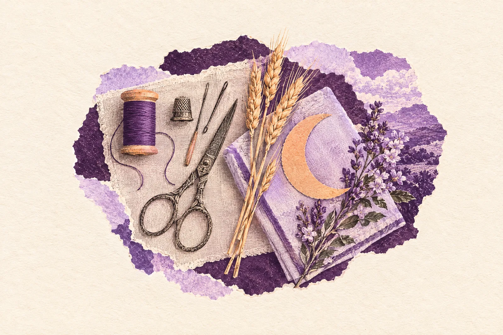 Illustration of a neat flat-lay of thread, scissors, wheat and a folded napkin with a paper crescent moon.