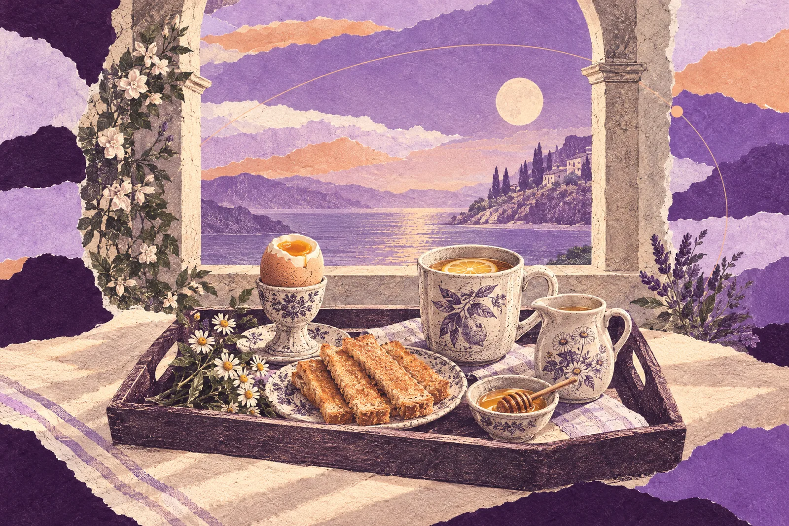 Illustration of a neatly arranged breakfast tray with an egg, toast and a small jug of flowers in morning light