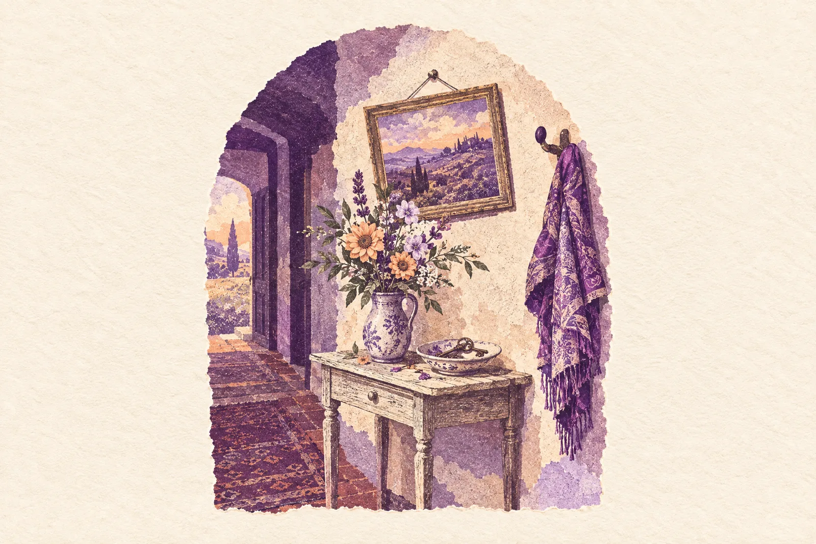 Illustration of a hallway with a slightly crooked painting above a console table with keys and a jug of flowers
