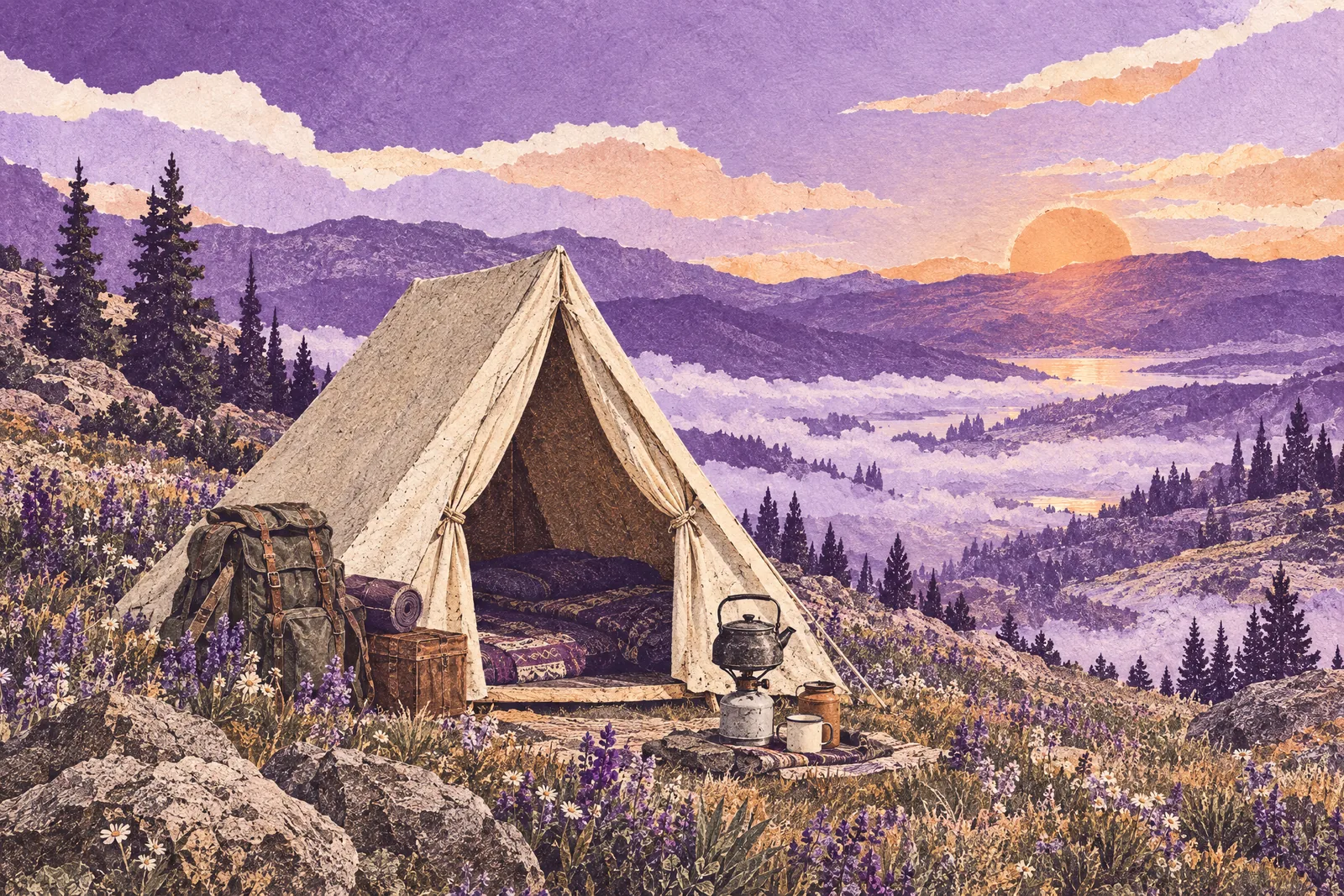 Illustration of a neat canvas tent in a high meadow at first light above a misty valley