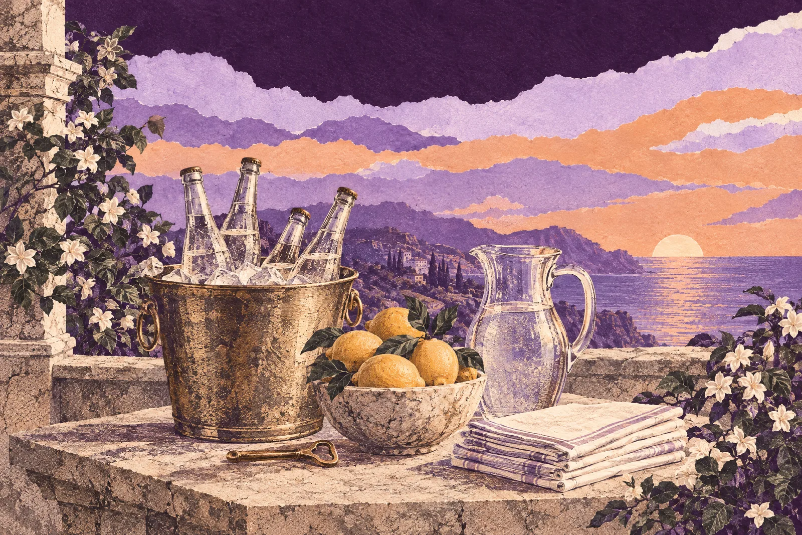 Illustration of a party drinks table with an ice bucket, a bottle opener, lemons and folded napkins