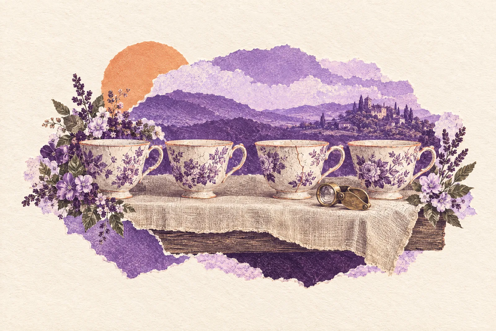 Illustration of a row of porcelain teacups, one with a fine crack, beside a small brass loupe
