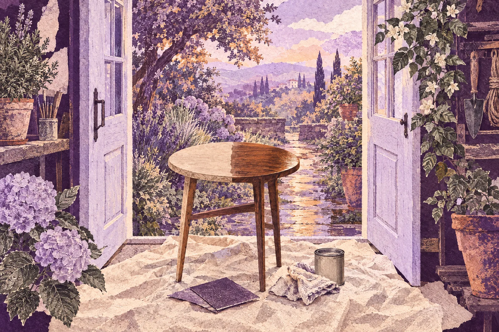 Illustration of a half-refinished walnut side table in a workshop doorway facing a rain-washed garden
