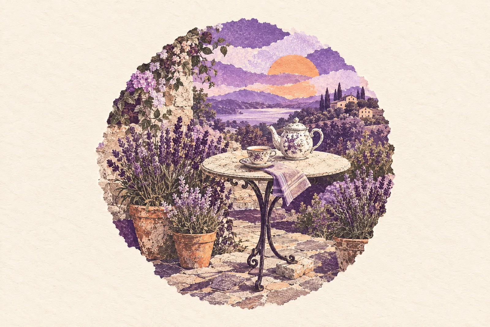 Illustration of a small garden table leveled with a folded napkin under one leg, with a teapot and cup