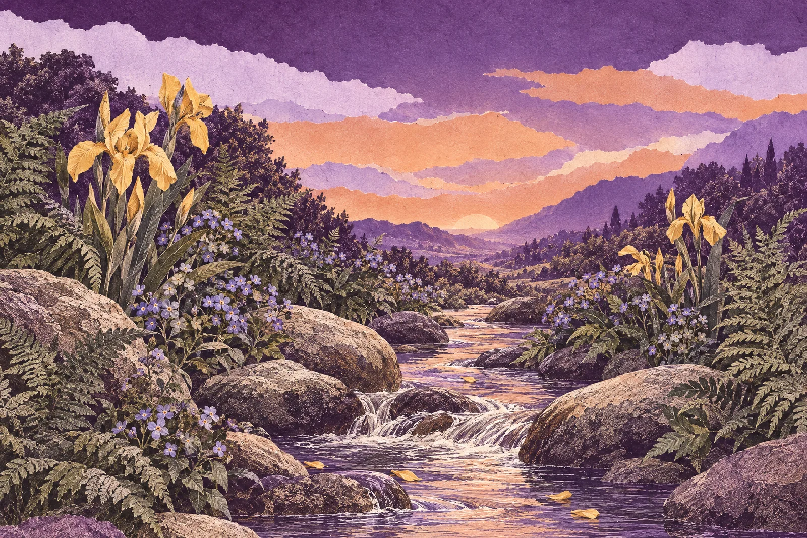 Illustration of a clear brook flowing over stones between ferns and irises, carrying petals