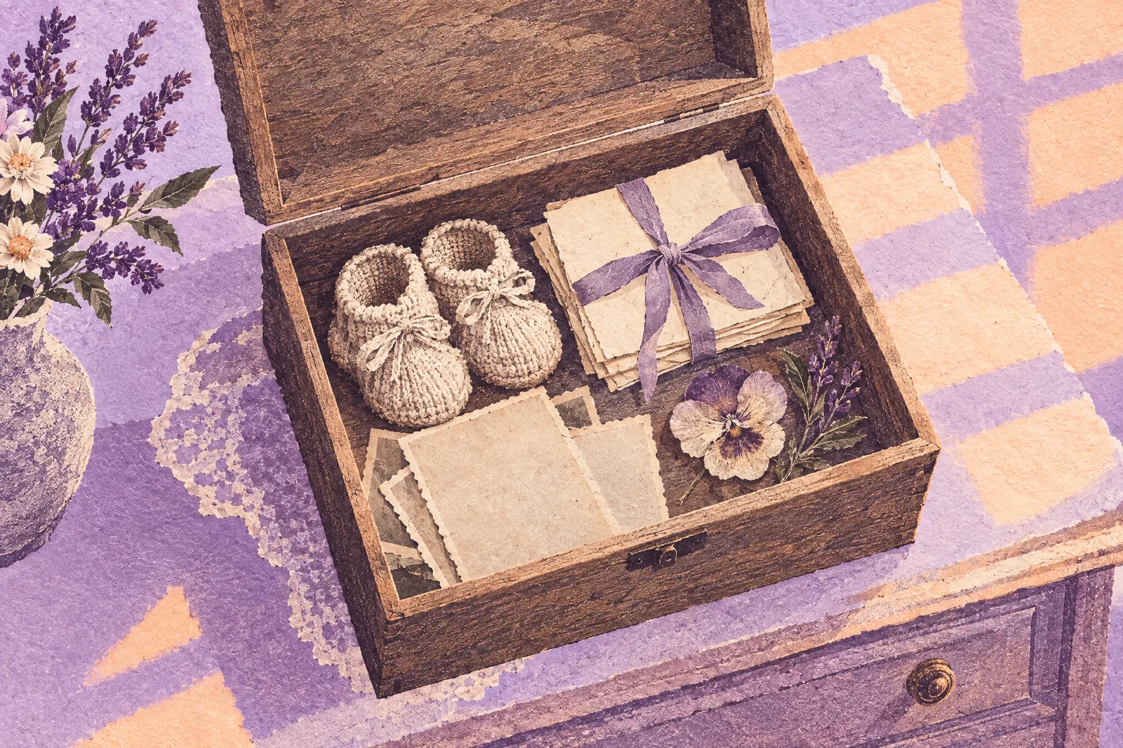 Illustration of an open keepsake box with knitted baby shoes, ribboned papers and old photographs