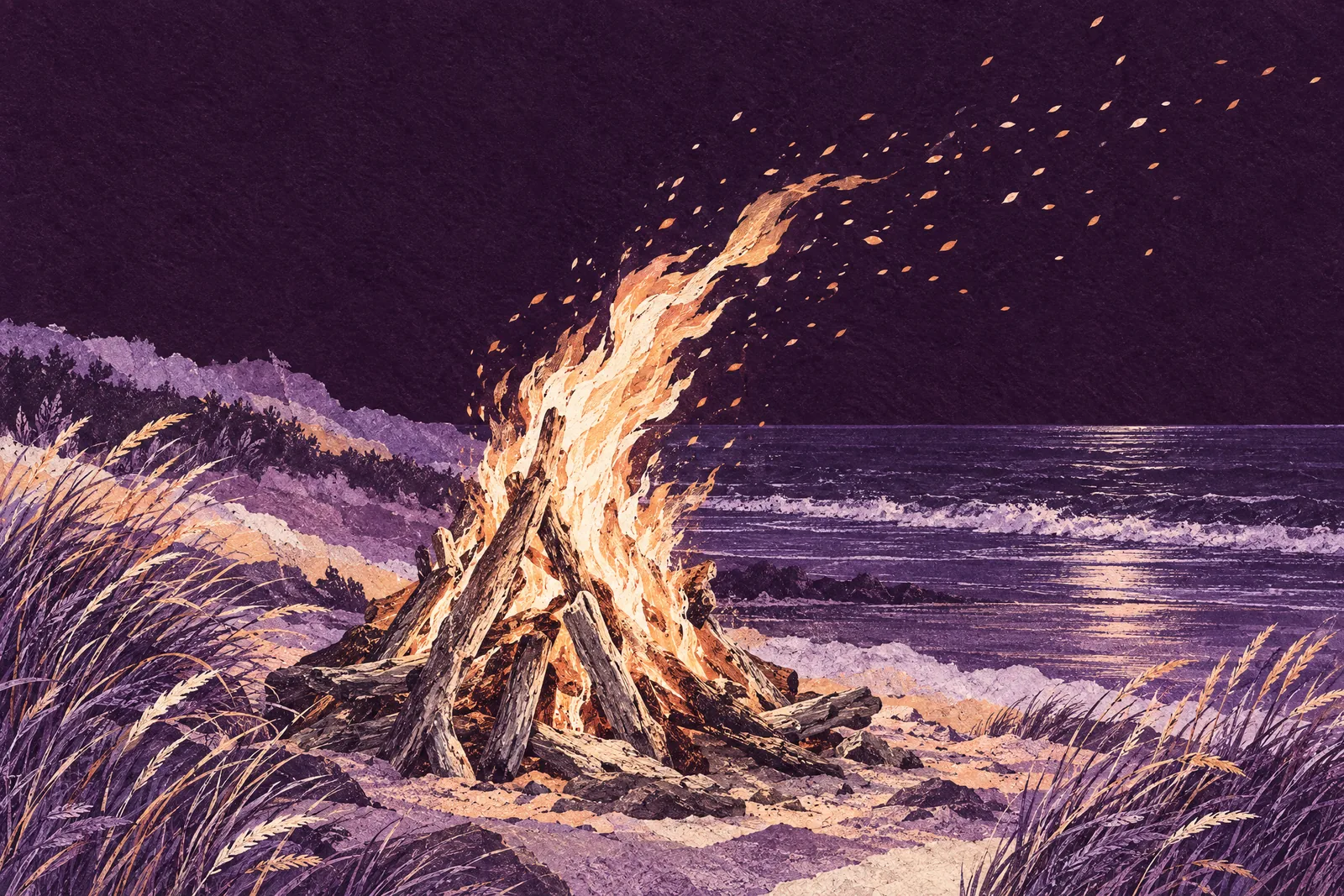 Illustration of a driftwood bonfire on a beach at night, its flames bending in a sea breeze