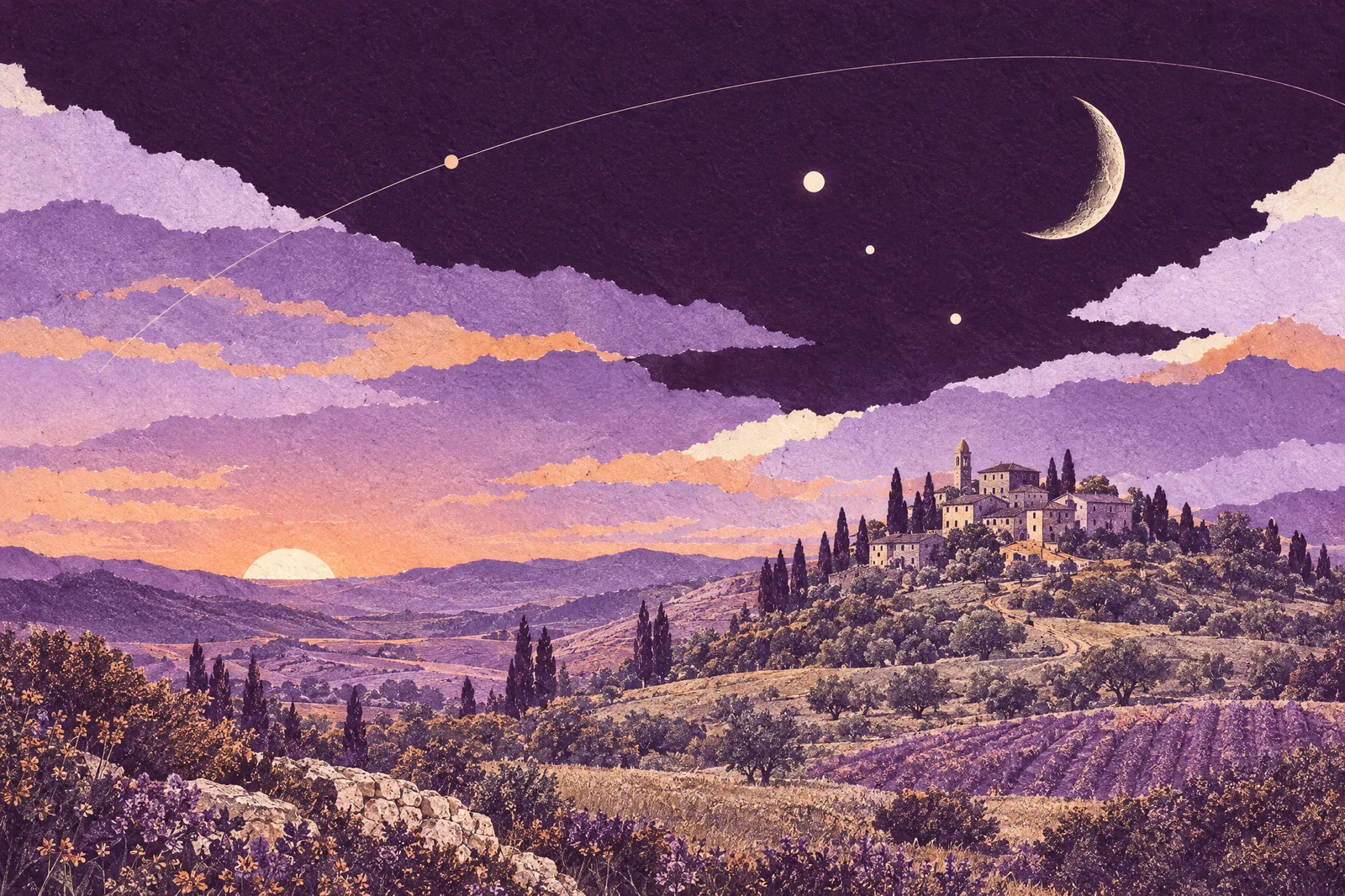 Illustration of a sunset over farmland with a crescent moon and a few bright planets already in the sky