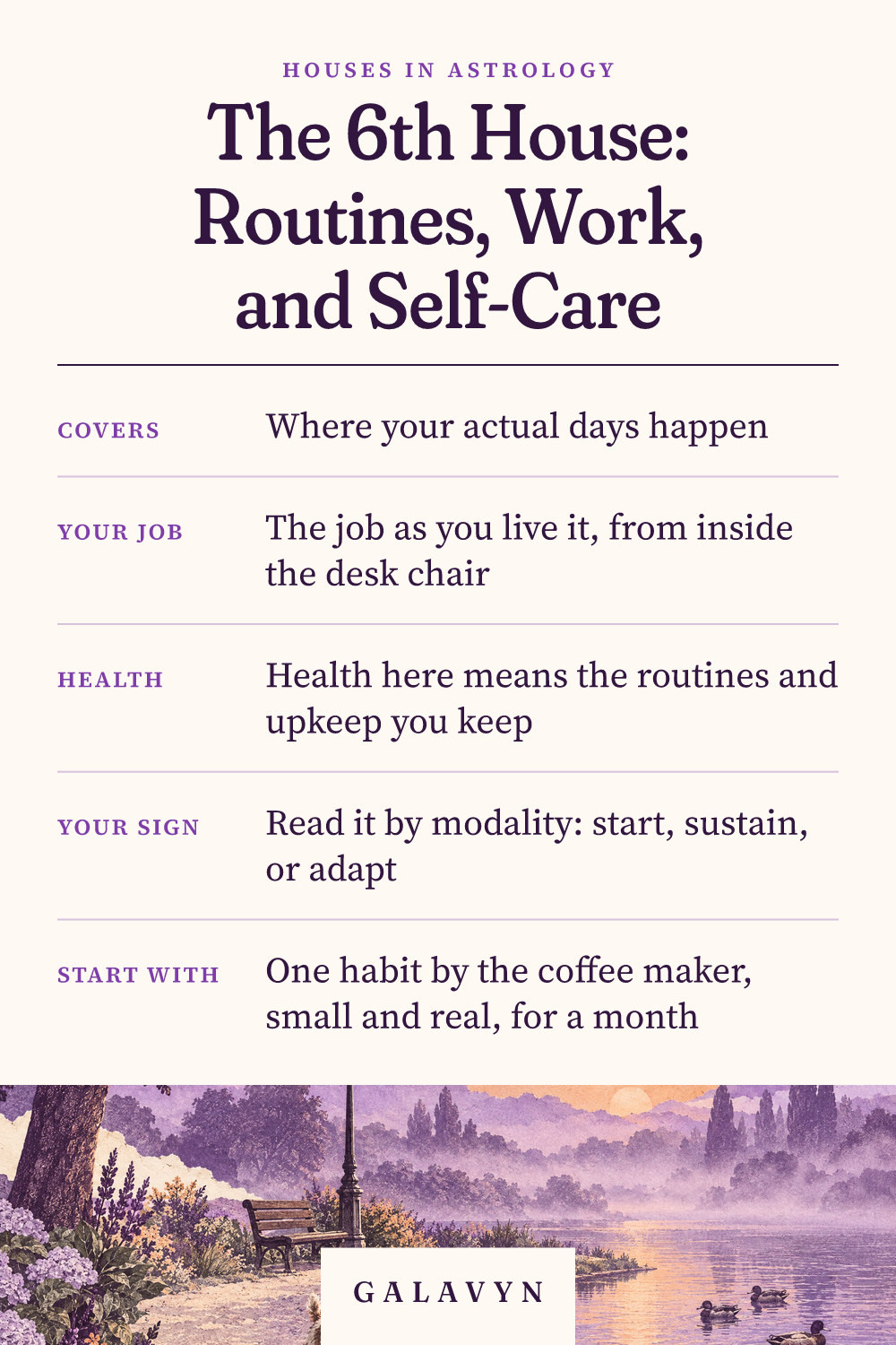 Galavyn cheat sheet: The 6th House: Routines, Work, and Self-Care