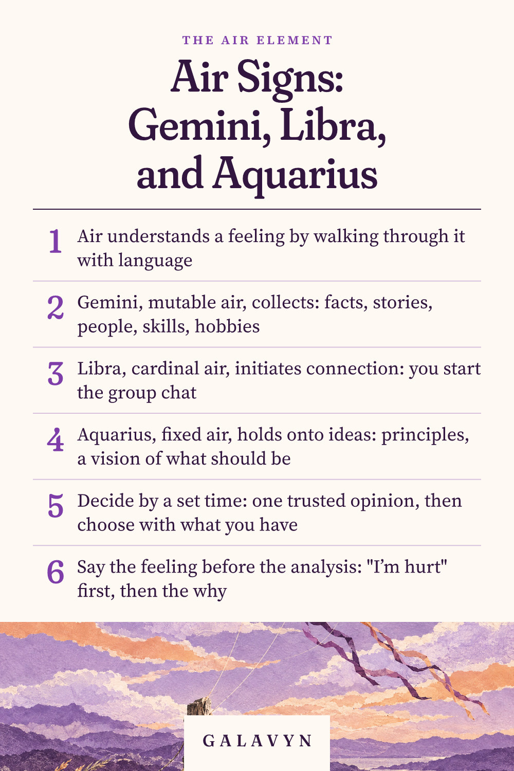 Galavyn cheat sheet: Air Signs: Gemini, Libra, and Aquarius