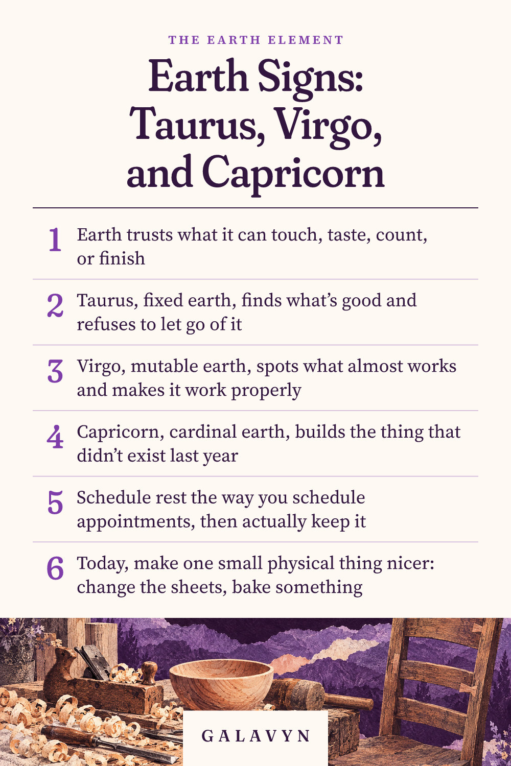Galavyn cheat sheet: Earth Signs: Taurus, Virgo, and Capricorn