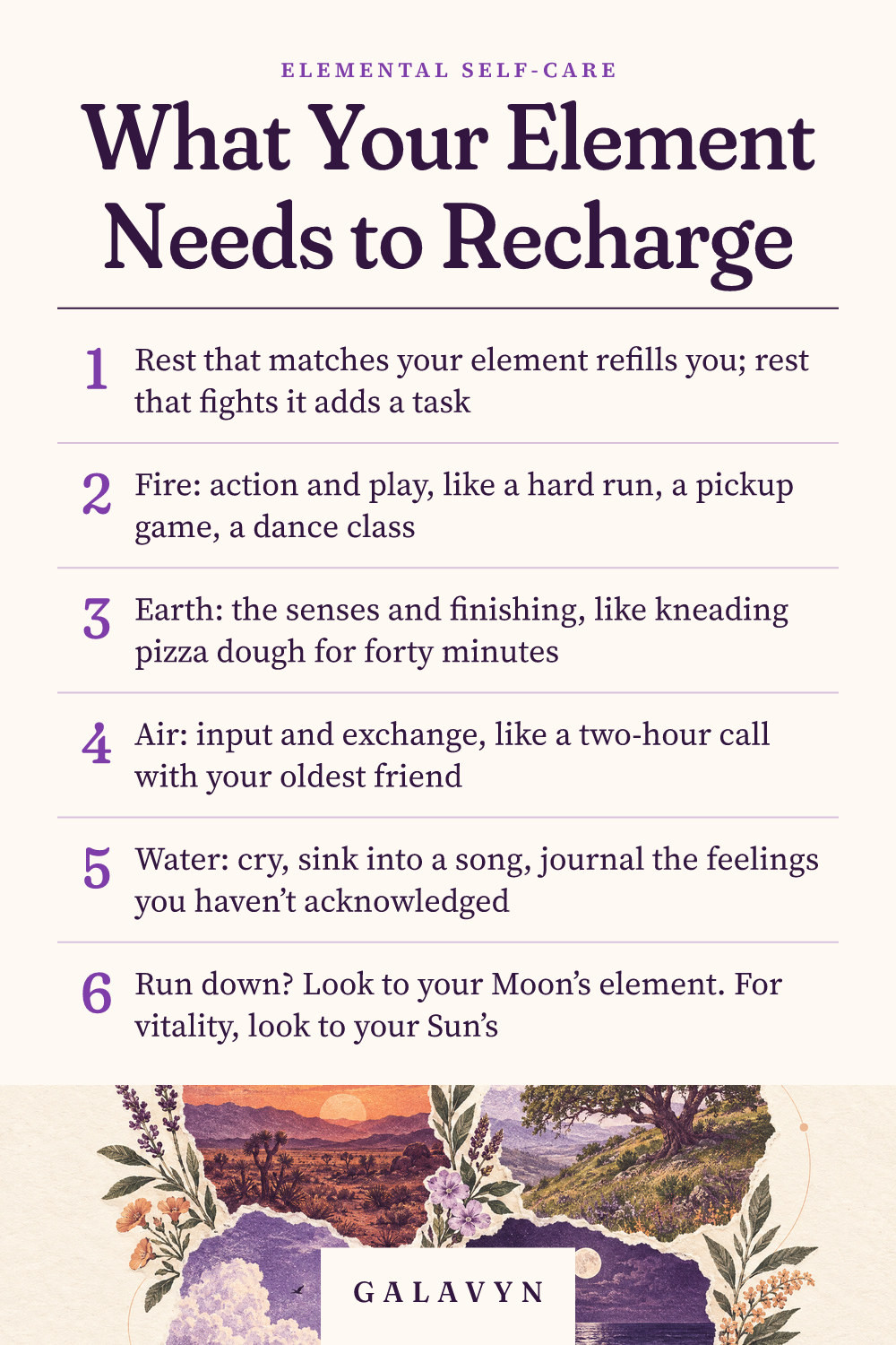 Galavyn cheat sheet: What Your Element Needs to Recharge