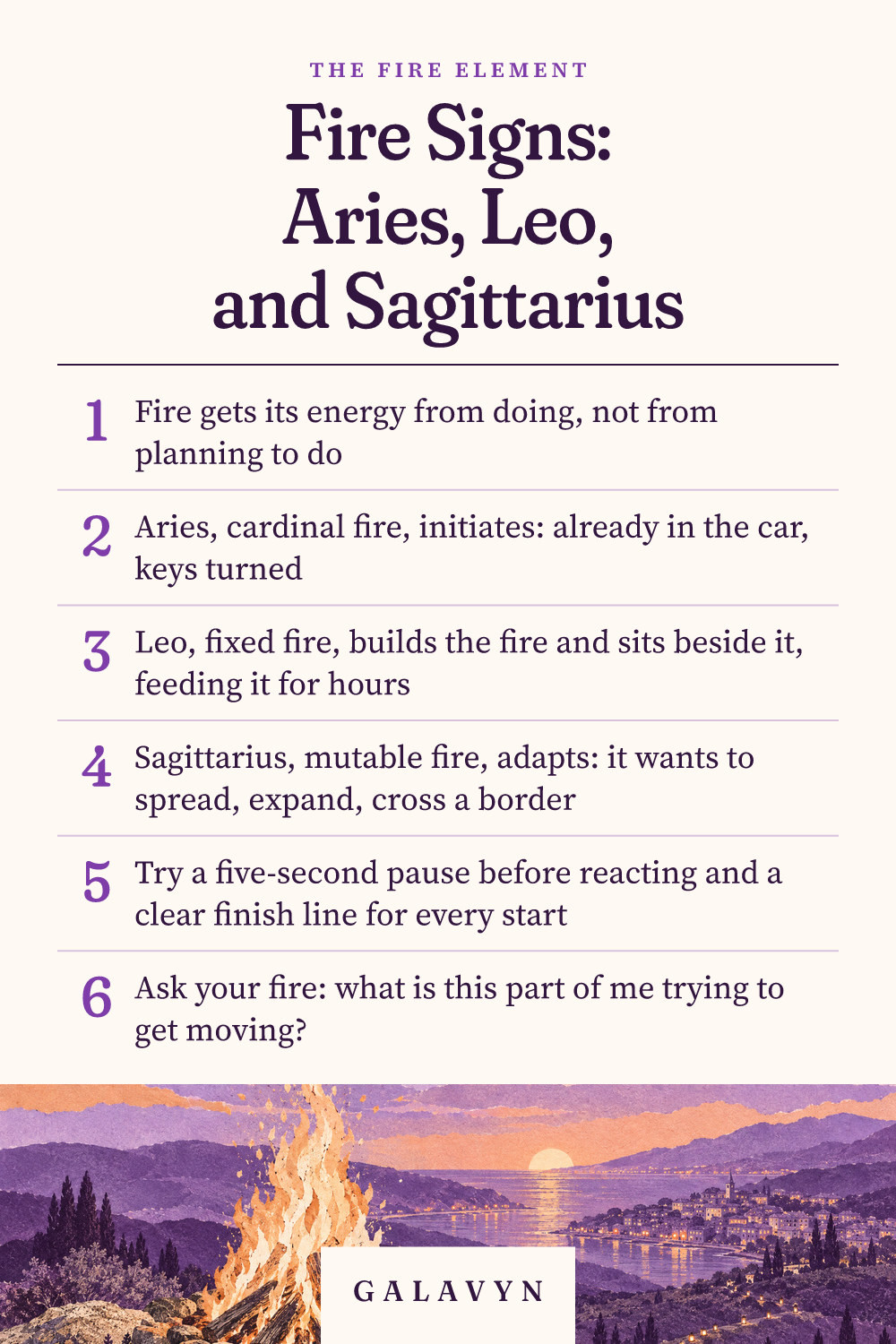 Galavyn cheat sheet: Fire Signs: Aries, Leo, and Sagittarius