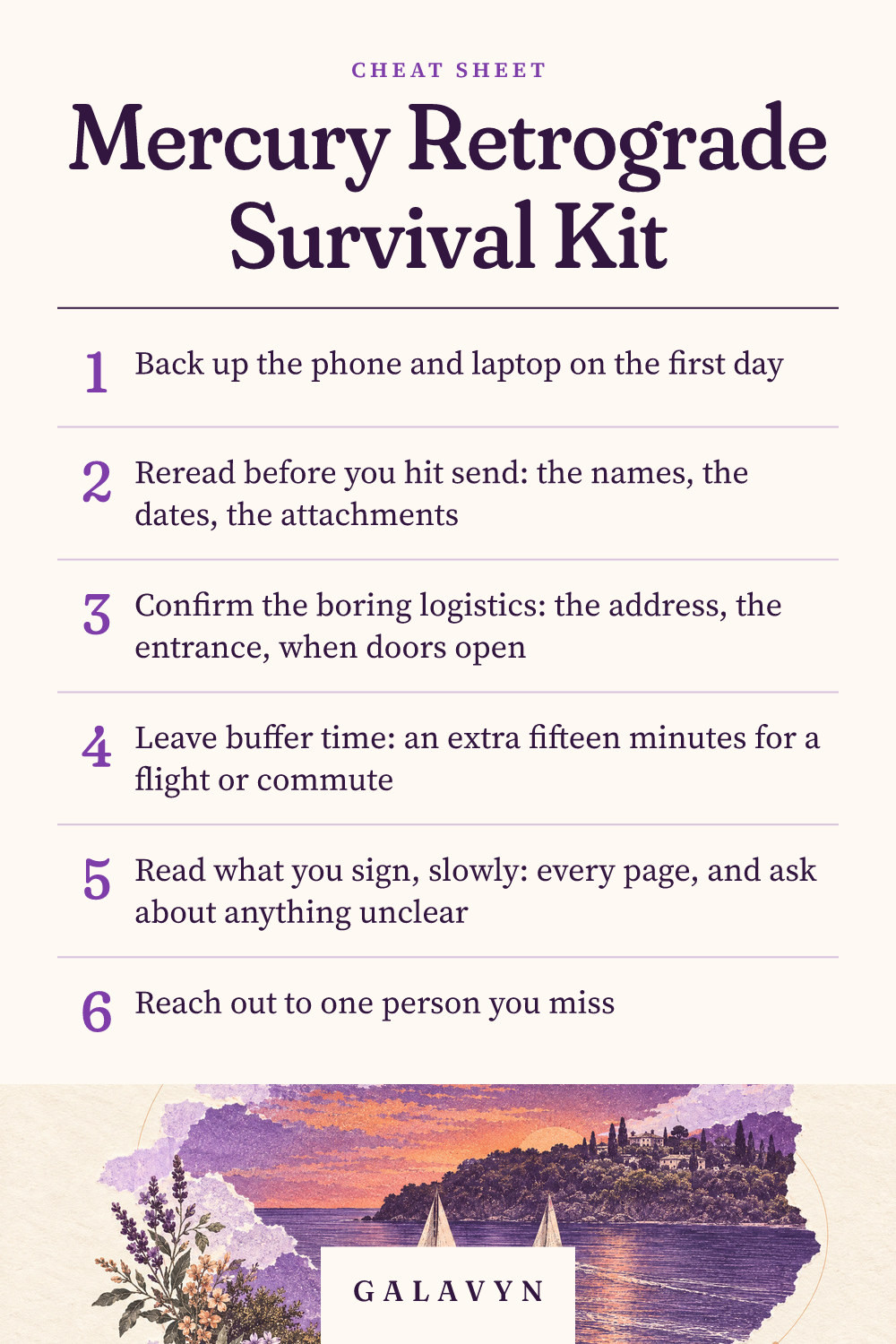 Galavyn cheat sheet: Mercury Retrograde Survival Kit