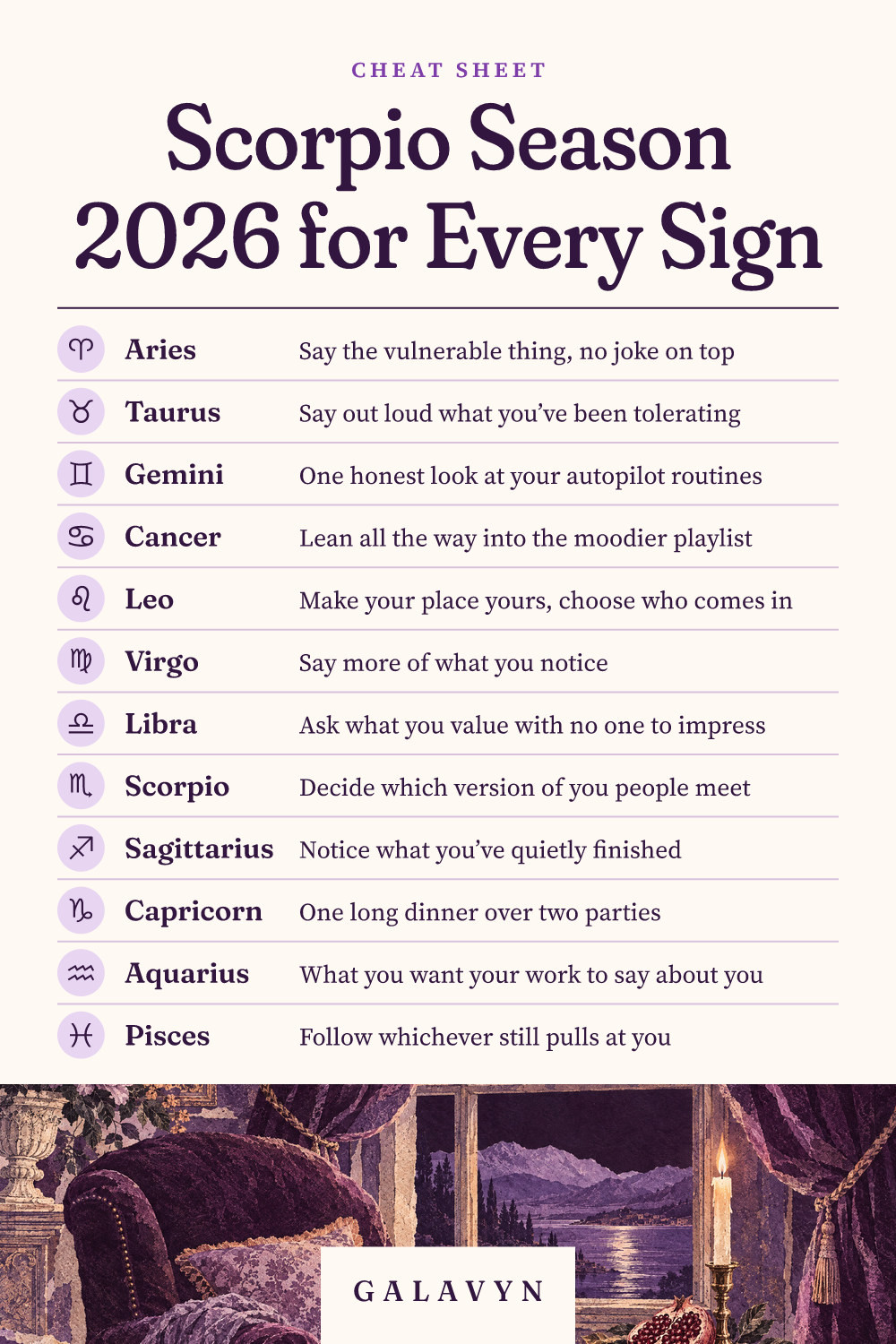 Galavyn cheat sheet: Scorpio Season 2026 for Every Sign
