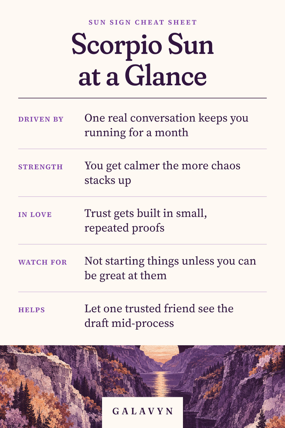 Galavyn cheat sheet: Scorpio Sun at a Glance