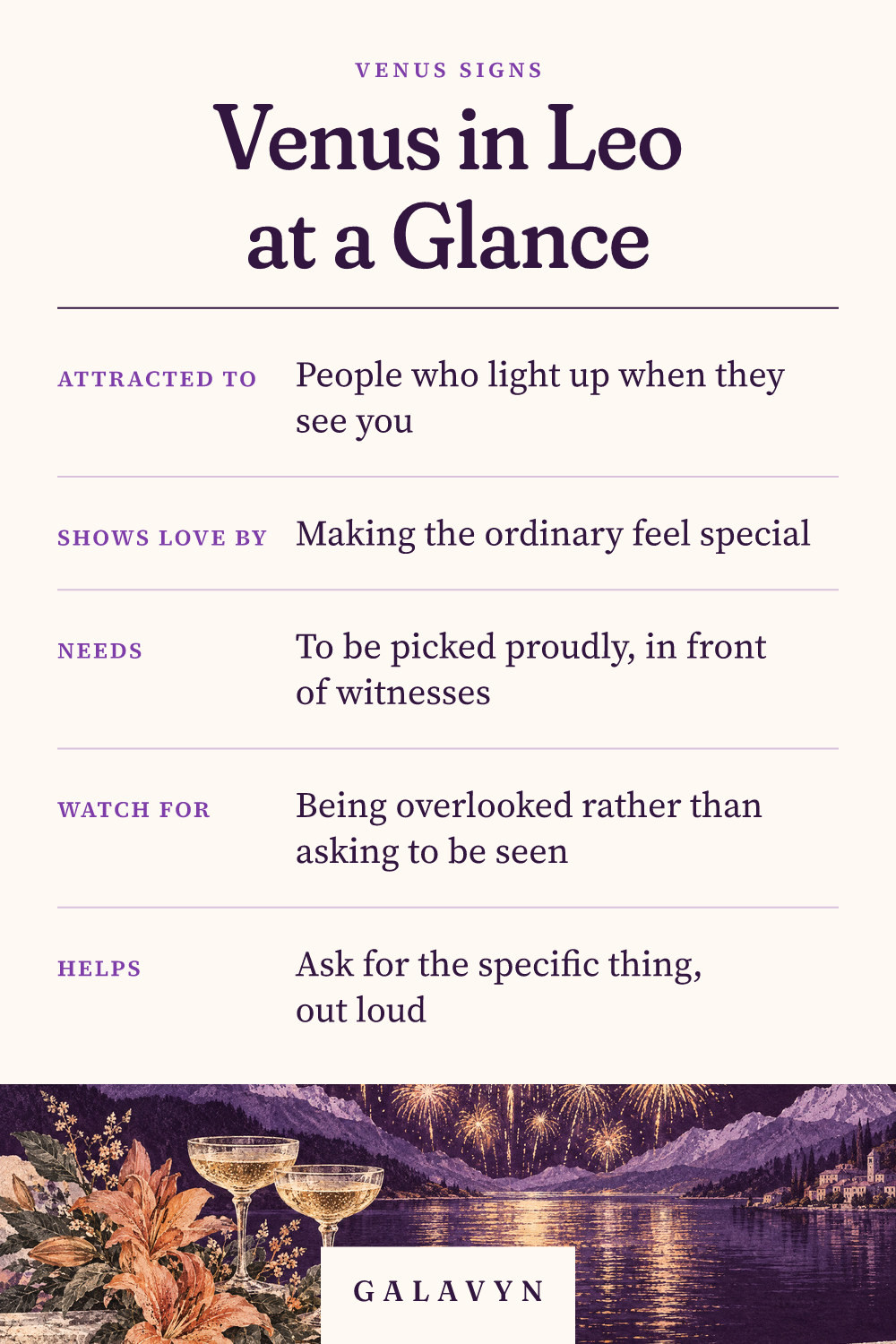 Galavyn cheat sheet: Venus in Leo at a Glance