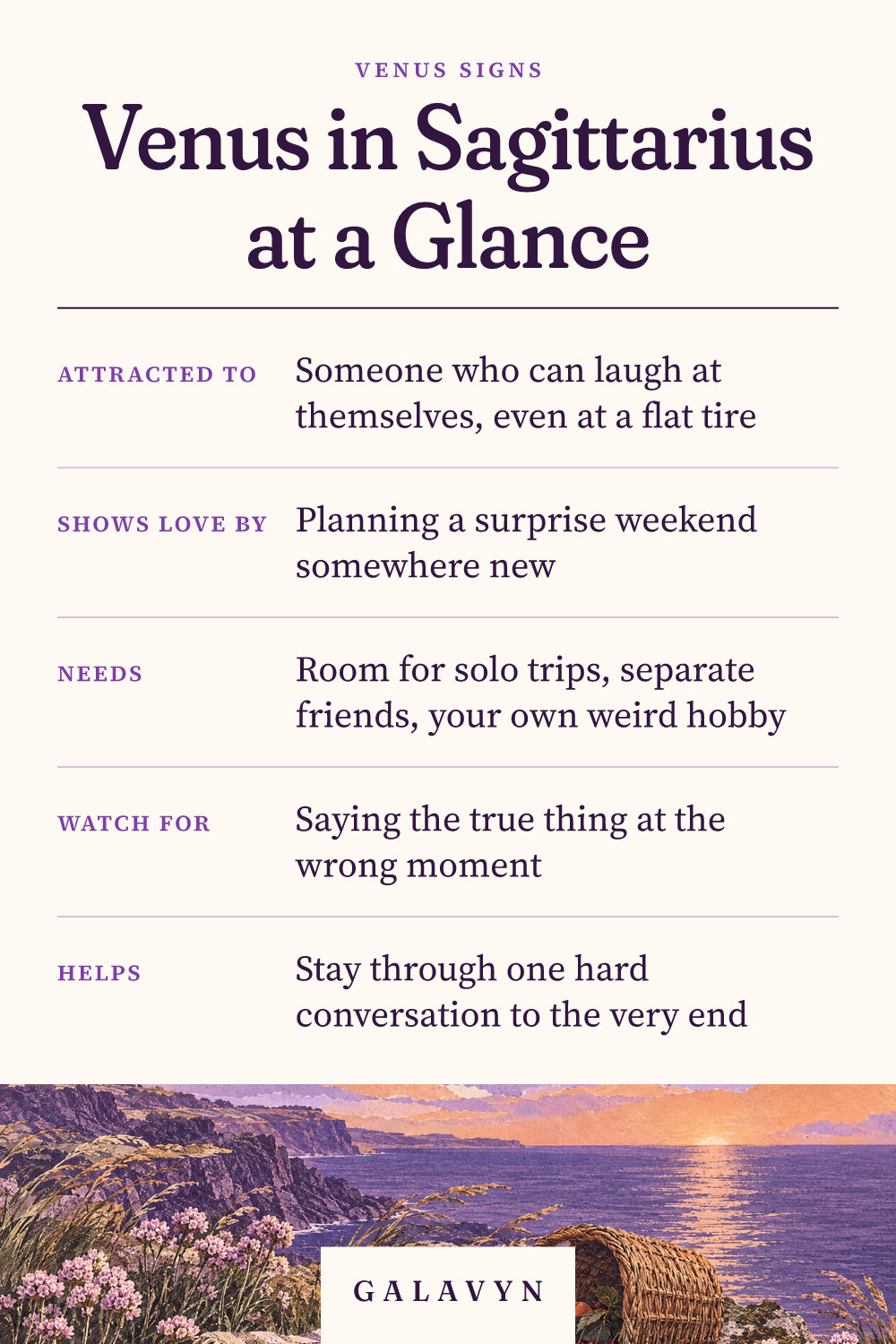 Galavyn cheat sheet: Venus in Sagittarius at a Glance