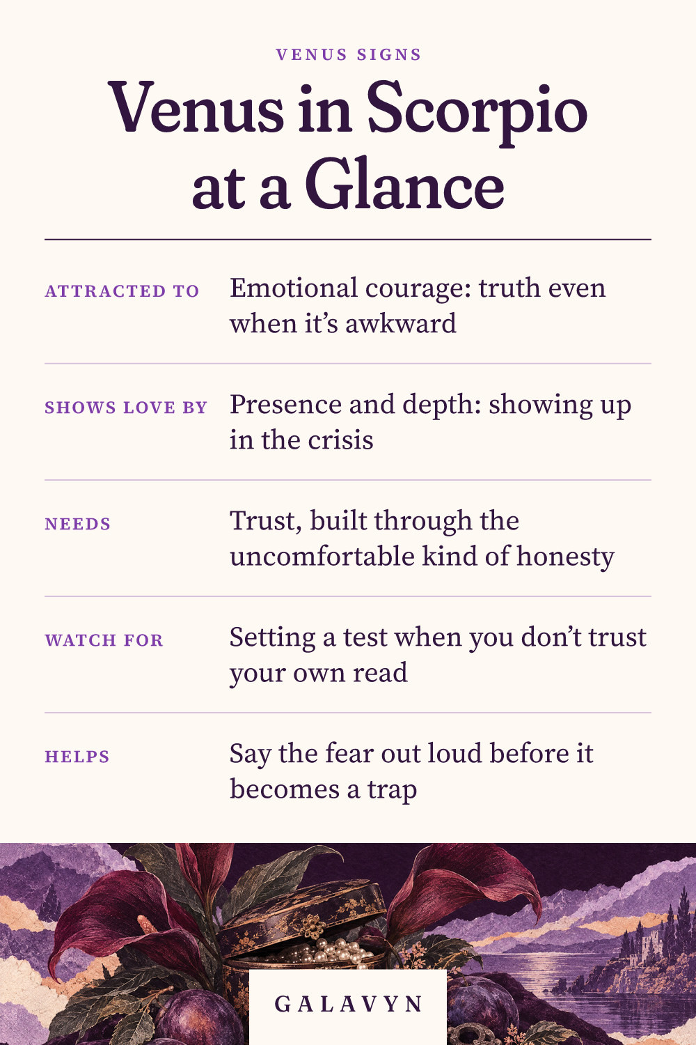 Galavyn cheat sheet: Venus in Scorpio at a Glance