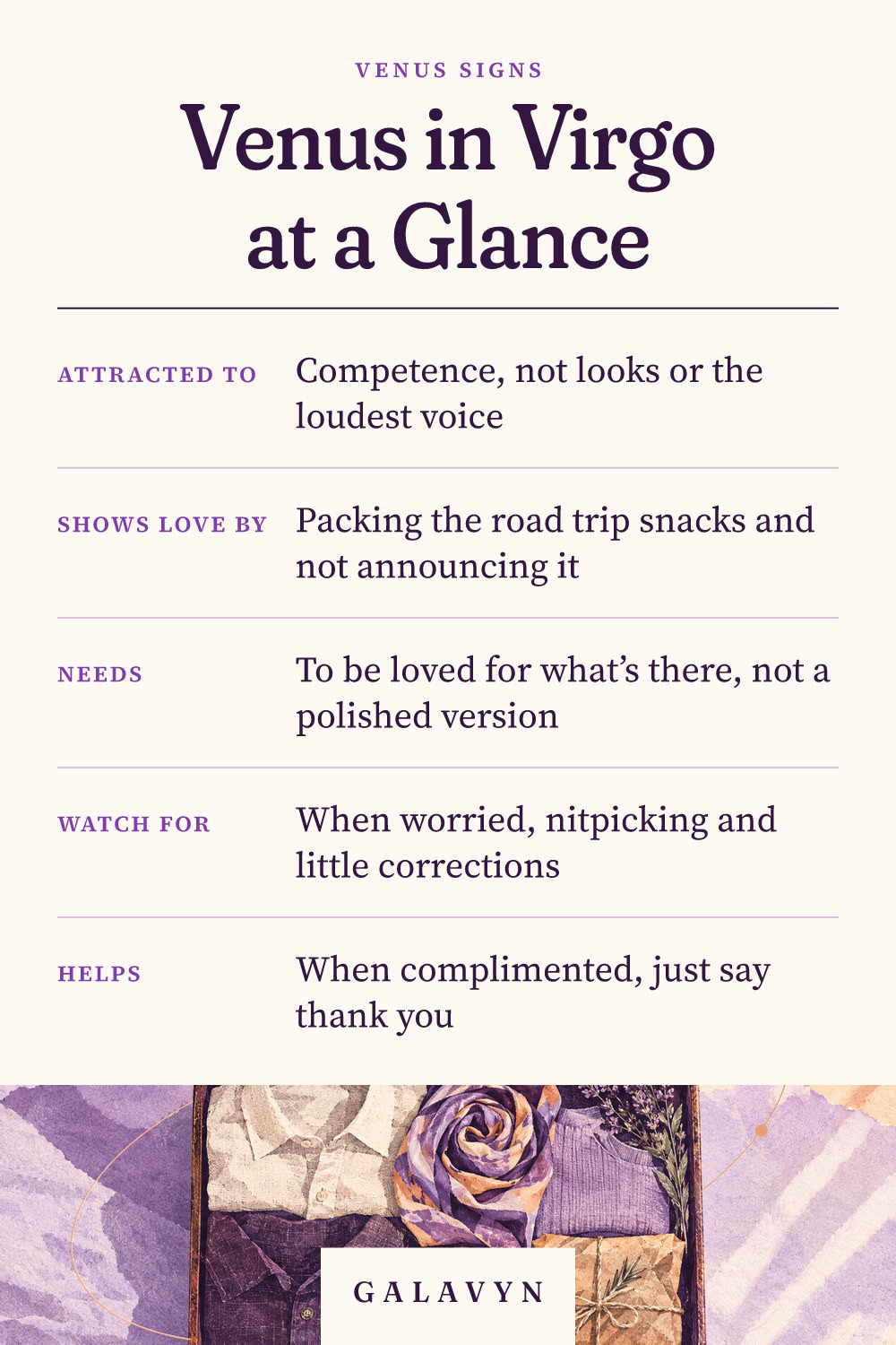 Galavyn cheat sheet: Venus in Virgo at a Glance
